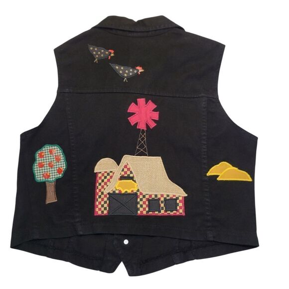 J.R. Morgan Designs Jackets & Blazers - Vintage 80s Black Denim Vest with Embroidered Patches Chickens Farmcore